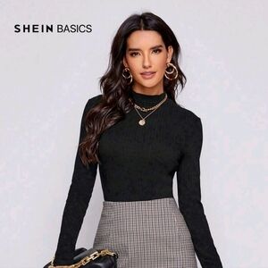 Shein Women Basics Mock Neck Rib Knit Solid Stretch Long Sleeve Top Size Medium